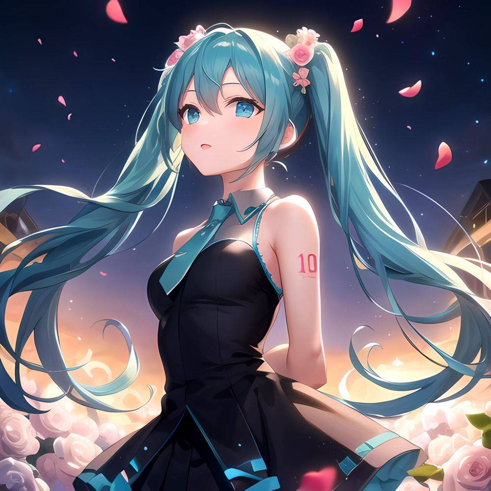 Face Focus Masterpiece Best Quality 1girl Hatsune Miku White Roses Petals Night Background Fireflies Light Particle Solo Aqua Ha, 356413396 - AIHentai - #main