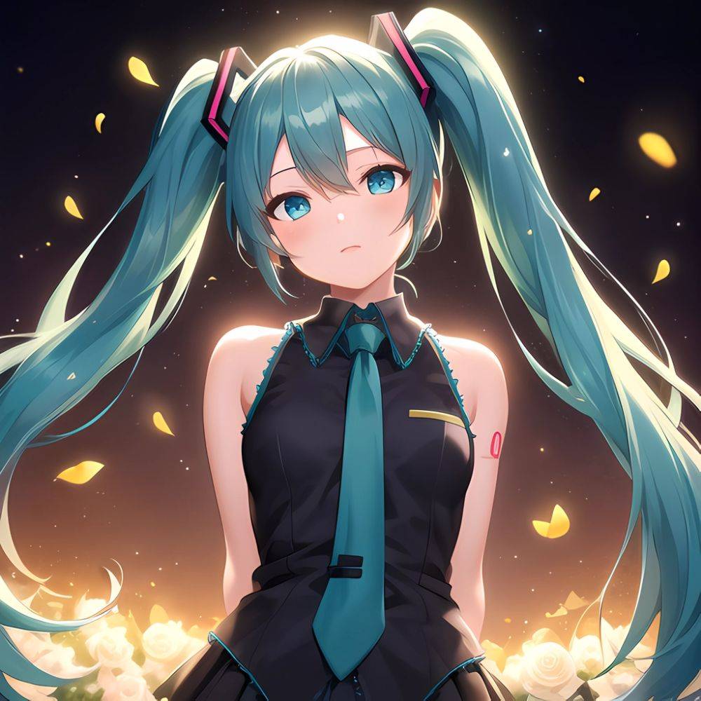 Face Focus Masterpiece Best Quality 1girl Hatsune Miku White Roses Petals Night Background Fireflies Light Particle Solo Aqua Ha, 1838382258 - AIHentai - #main