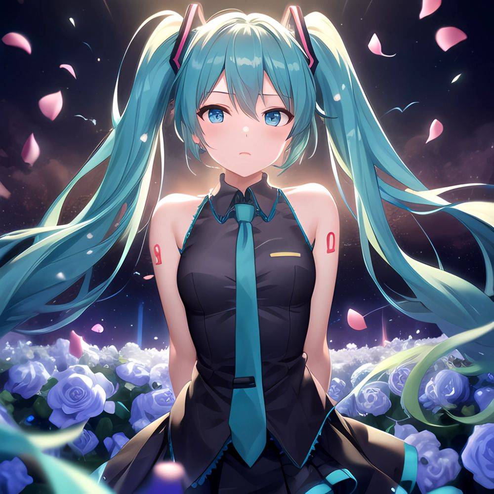 Face Focus Masterpiece Best Quality 1girl Hatsune Miku White Roses Petals Night Background Fireflies Light Particle Solo Aqua Ha, 1291631806 - AIHentai - #main