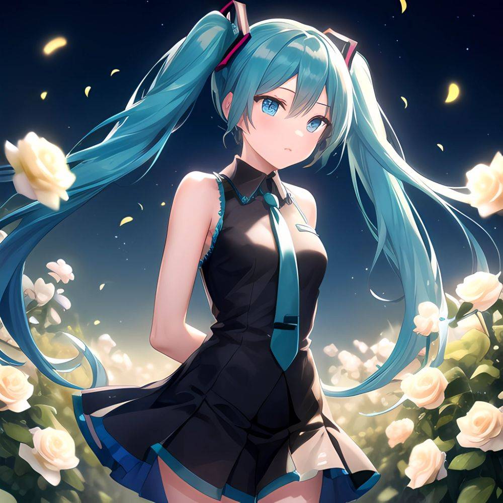 Face Focus Masterpiece Best Quality 1girl Hatsune Miku White Roses Petals Night Background Fireflies Light Particle Solo Aqua Ha, 2700971911 - AIHentai - #main