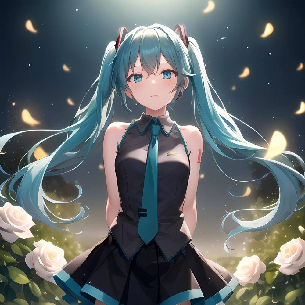 Face Focus Masterpiece Best Quality 1girl Hatsune Miku White Roses Petals Night Background Fireflies Light Particle Solo Aqua Ha, 1164549854 - AIHentai - #main