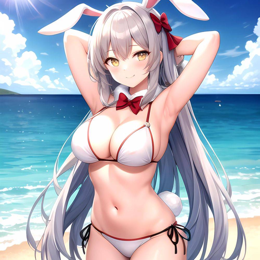 1girl Animal Ears Arms Behind Head Armpits Bare Shoulders Bikini White Bikini Blue Bow Bow Breasts Cleavage Closed Mouth Cowboy, 2916968892 - AIHentai - #main