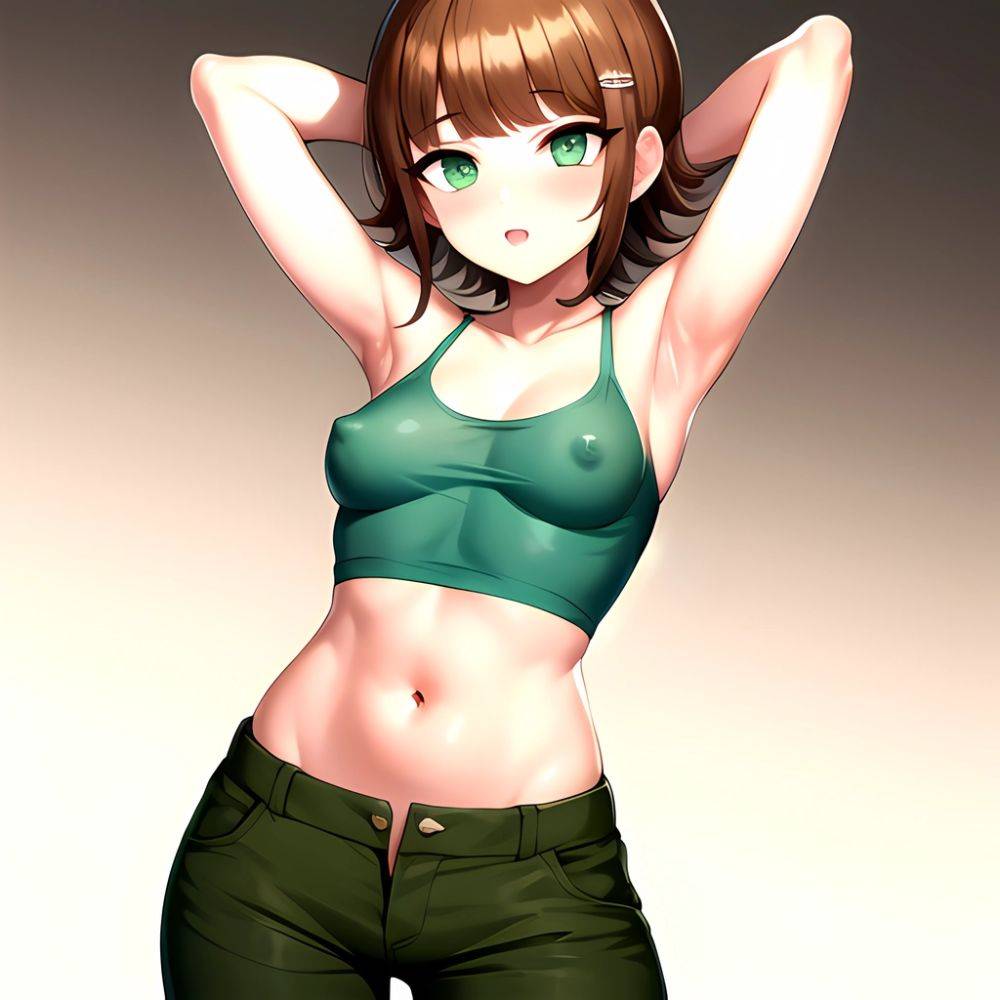 1boy Armpits Arms Behind Head Blush Breasts Brown Hair Bulge Collarbone Contrapposto Covered Nipples Crop Top Danganronpa Trigge, 1919257003 - AIHentai - #main