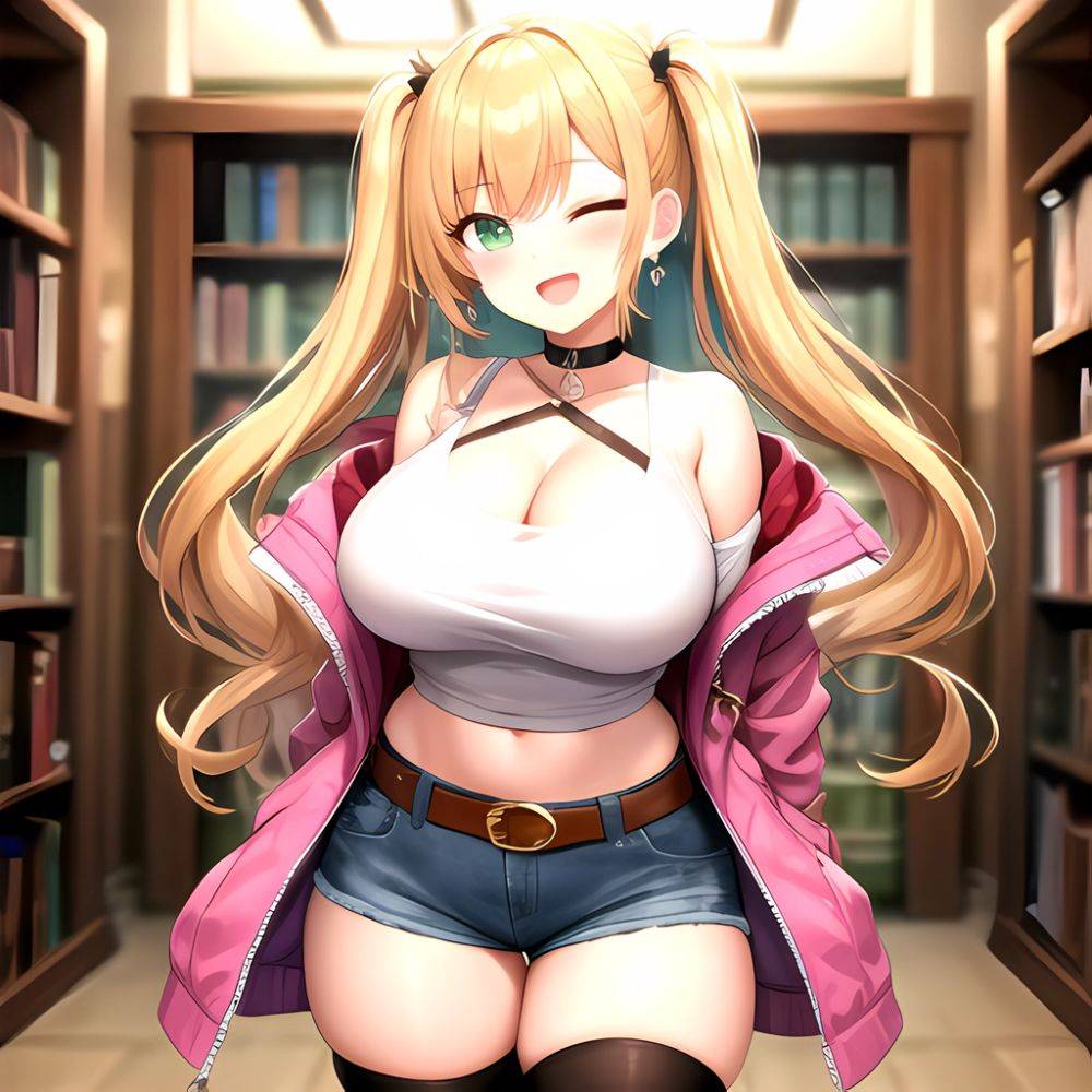 1girl D Bare Shoulders Belt Black Choker Black Thighhighs Blonde Hair Blue Shorts Blush Breasts Brown Belt Choker Cleavage Comme, 3046612006 - AIHentai - #main
