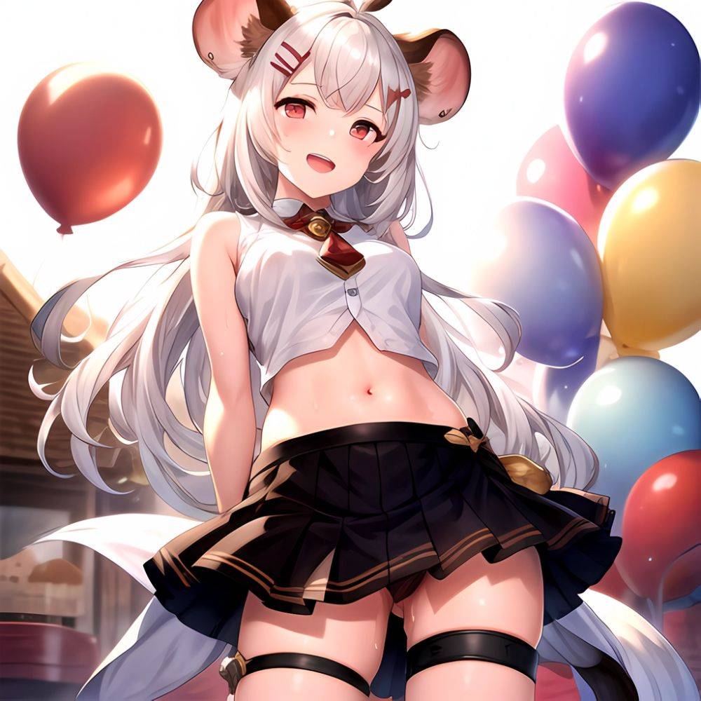 1girl Animal Ears Balloon Blush Granblue Fantasy Hair Ornament Hairclip Highres Medium Hair Mouse Ears Navel Open Mouth Pleated, 4094649276 - AIHentai - #main