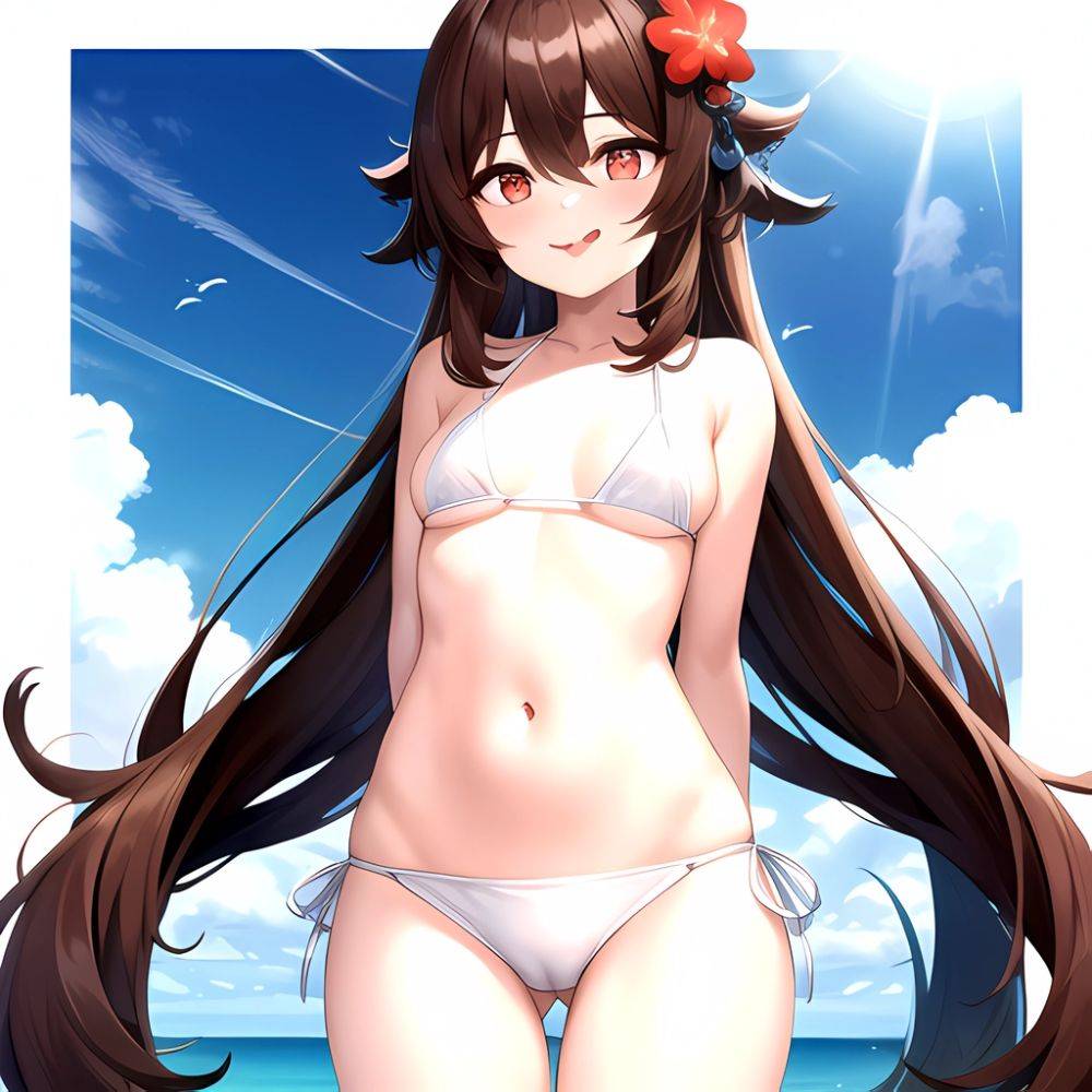 1girl Q Absurdres Arms Behind Back Bikini Blush Breasts Brown Hair Cameltoe Cleft Of Venus Covered Nipples Cowboy Shot Flower, 3615942595 - AIHentai - #main