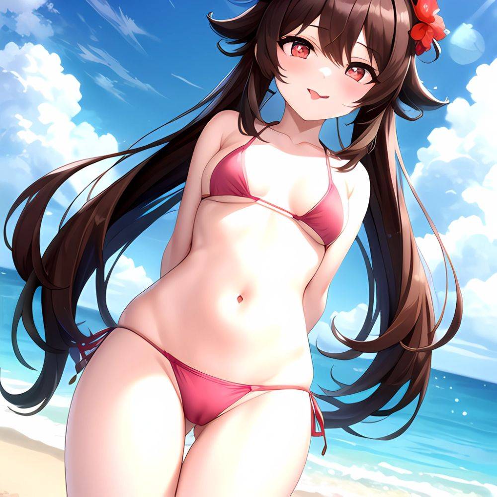 1girl Q Absurdres Arms Behind Back Bikini Blush Breasts Brown Hair Cameltoe Cleft Of Venus Covered Nipples Cowboy Shot Flower, 1001675335 - AIHentai - #main