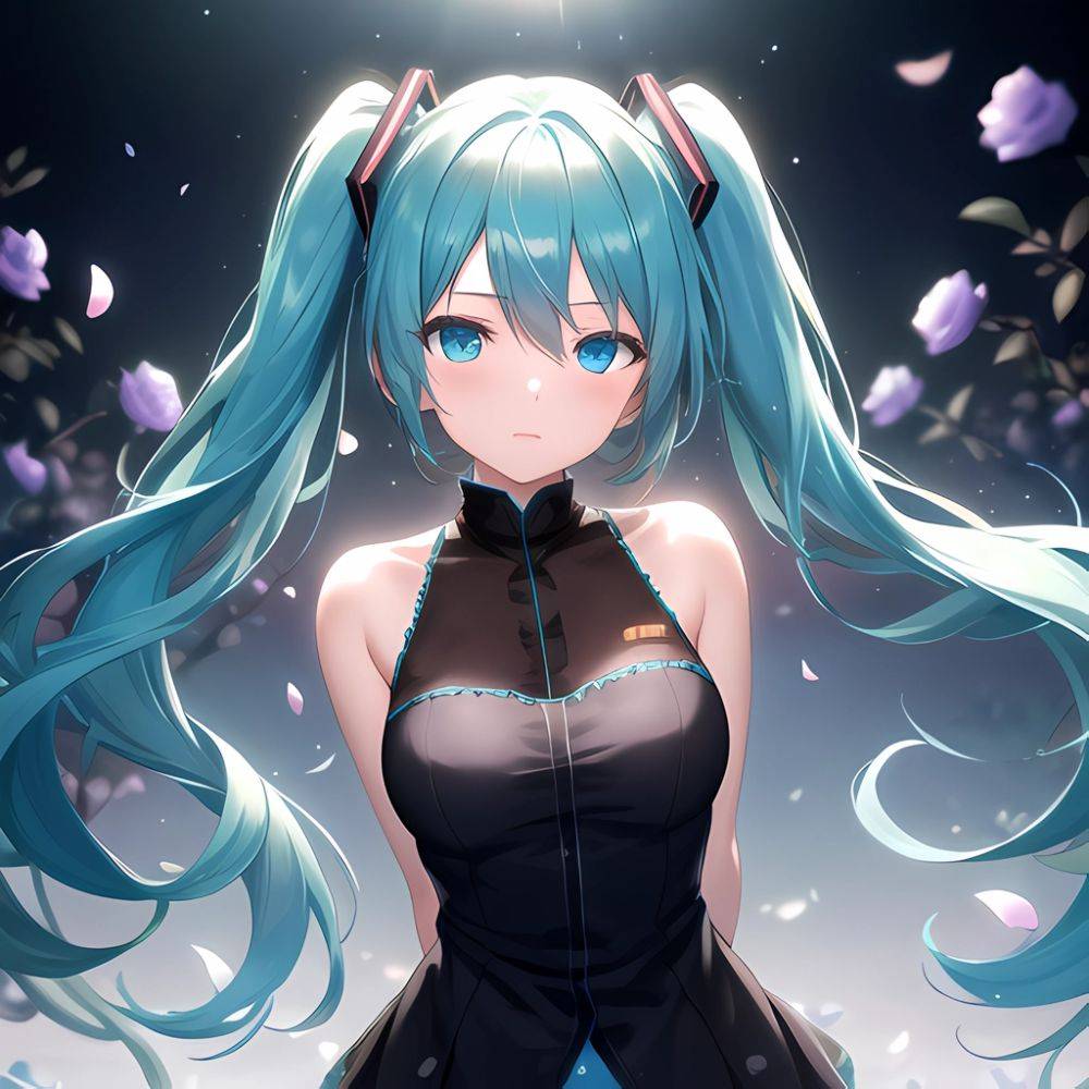 Face Focus Masterpiece Best Quality 1girl Hatsune Miku White Roses Petals Night Background Fireflies Light Particle Solo Aqua Ha, 3073244078 - AIHentai - #main