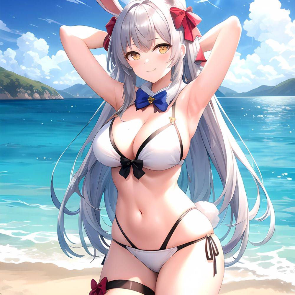 1girl Animal Ears Arms Behind Head Armpits Bare Shoulders Bikini White Bikini Blue Bow Bow Breasts Cleavage Closed Mouth Cowboy, 4170424024 - AIHentai - #main