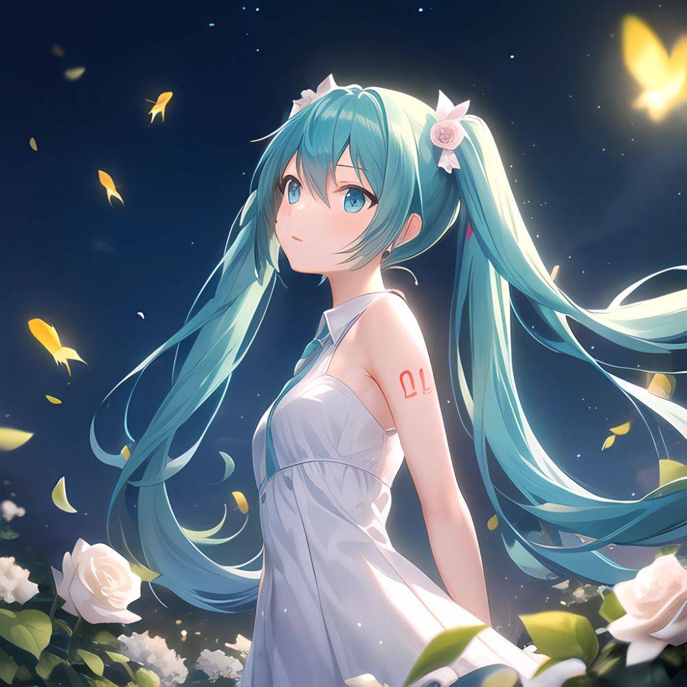 Face Focus Masterpiece Best Quality 1girl Hatsune Miku White Roses Petals Night Background Fireflies Light Particle Solo Aqua Ha, 3947068191 - AIHentai - #main
