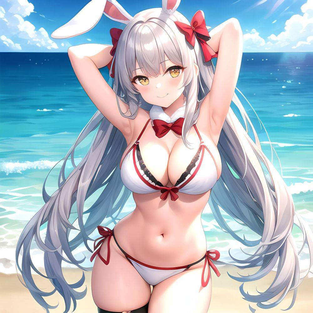 1girl Animal Ears Arms Behind Head Armpits Bare Shoulders Bikini White Bikini Blue Bow Bow Breasts Cleavage Closed Mouth Cowboy, 2607771988 - AIHentai - #main