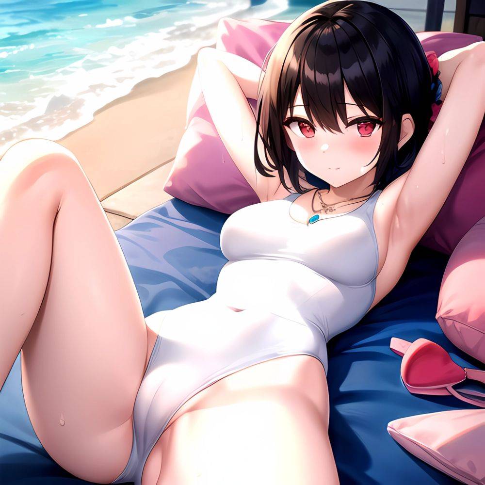 Tutinako Morino Rinze 1girl Black Hair Blush Closed Mouth Competition Swimsuit Covered Navel Heart Jewelry Looking At Self Lying, 1074406290 - AIHentai - #main