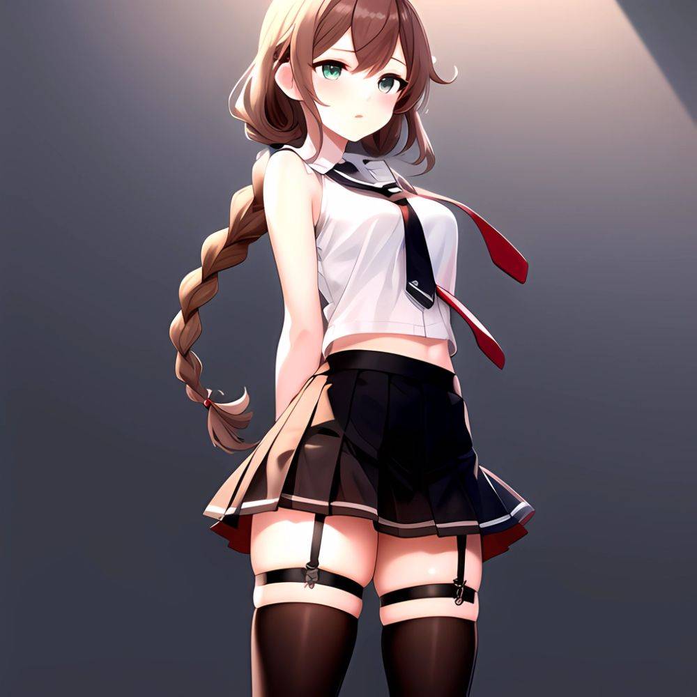 Noshiro Kancolle 1girl Anchor Symbol Asymmetrical Legwear Black Necktie Black Thighhighs Braid Brown Hair Garter Straps Green Ey, 271518070 - AIHentai - #main