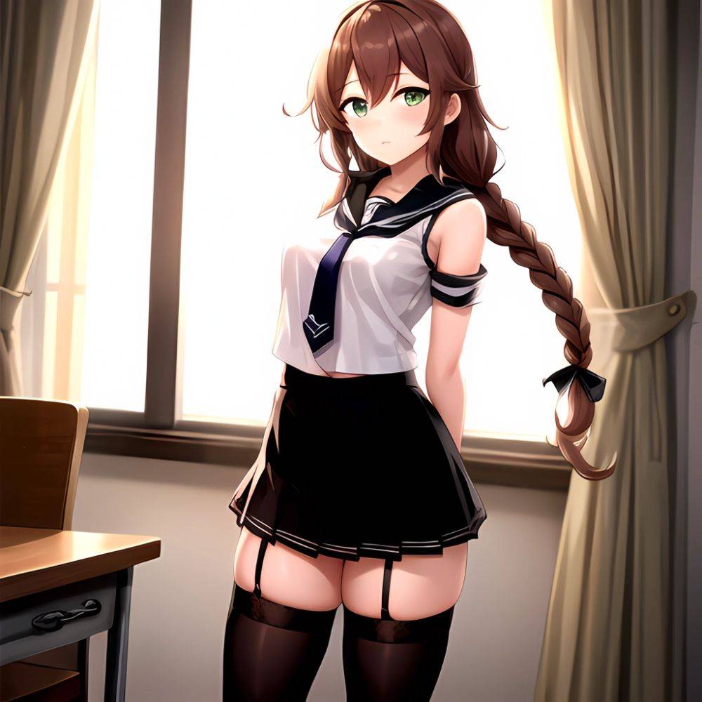 Noshiro Kancolle 1girl Anchor Symbol Asymmetrical Legwear Black Necktie Black Thighhighs Braid Brown Hair Garter Straps Green Ey, 1284940764 - AIHentai - #main