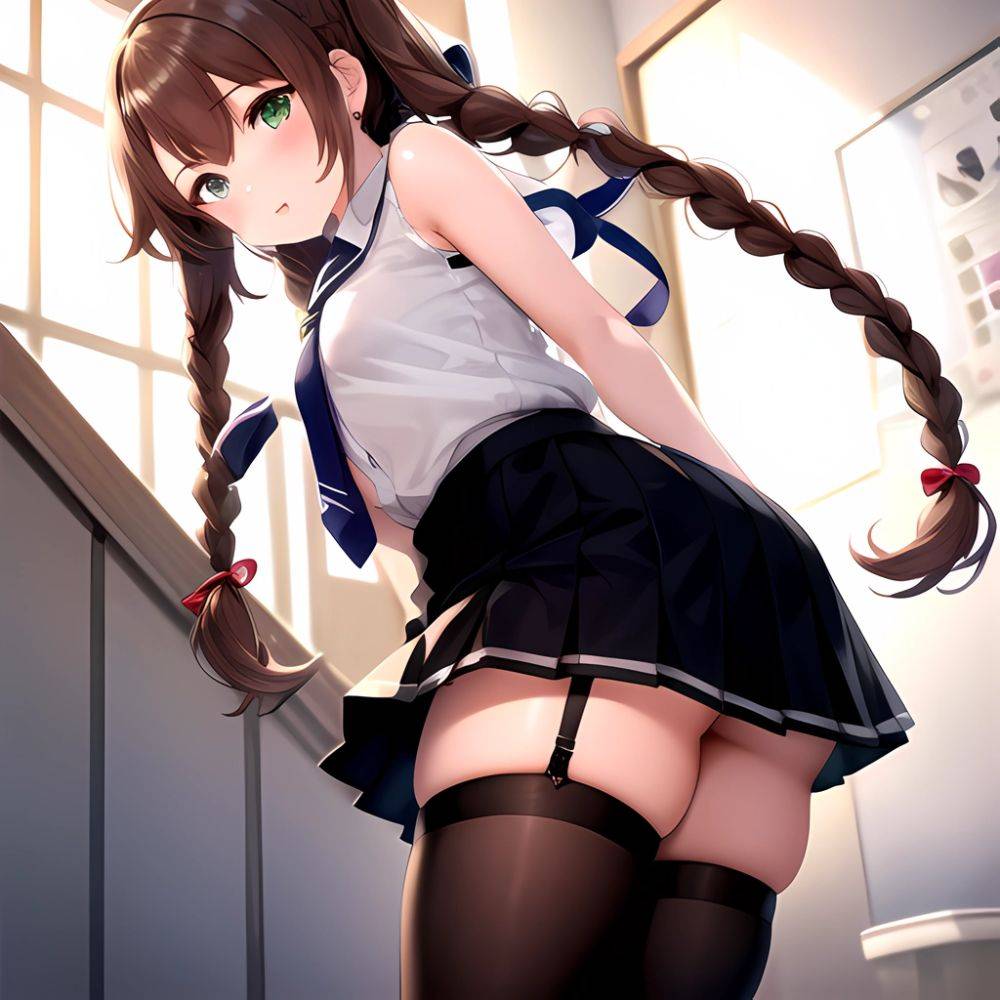 Noshiro Kancolle 1girl Anchor Symbol Asymmetrical Legwear Black Necktie Black Thighhighs Braid Brown Hair Garter Straps Green Ey, 804064024 - AIHentai - #main
