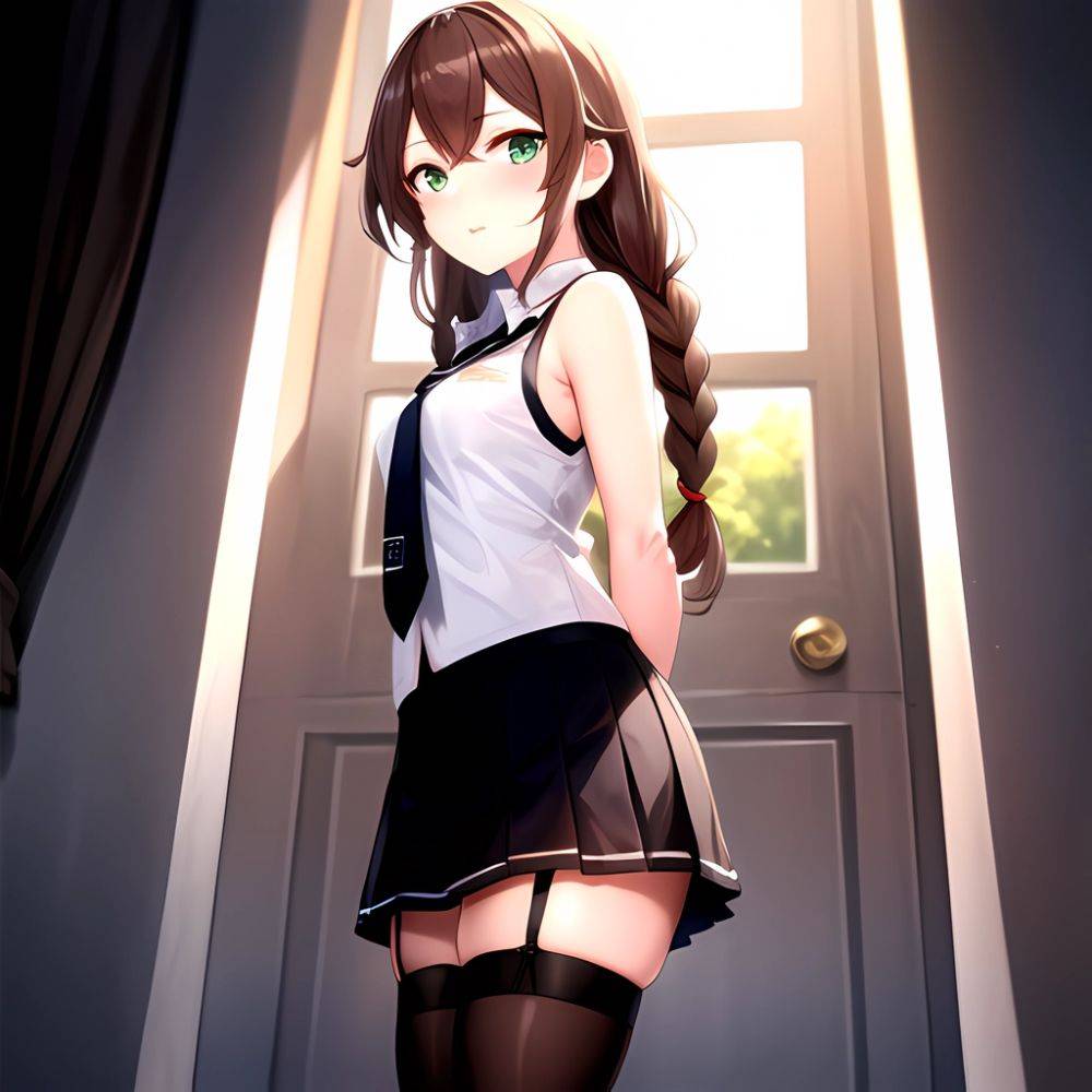 Noshiro Kancolle 1girl Anchor Symbol Asymmetrical Legwear Black Necktie Black Thighhighs Braid Brown Hair Garter Straps Green Ey, 414174884 - AIHentai - #main