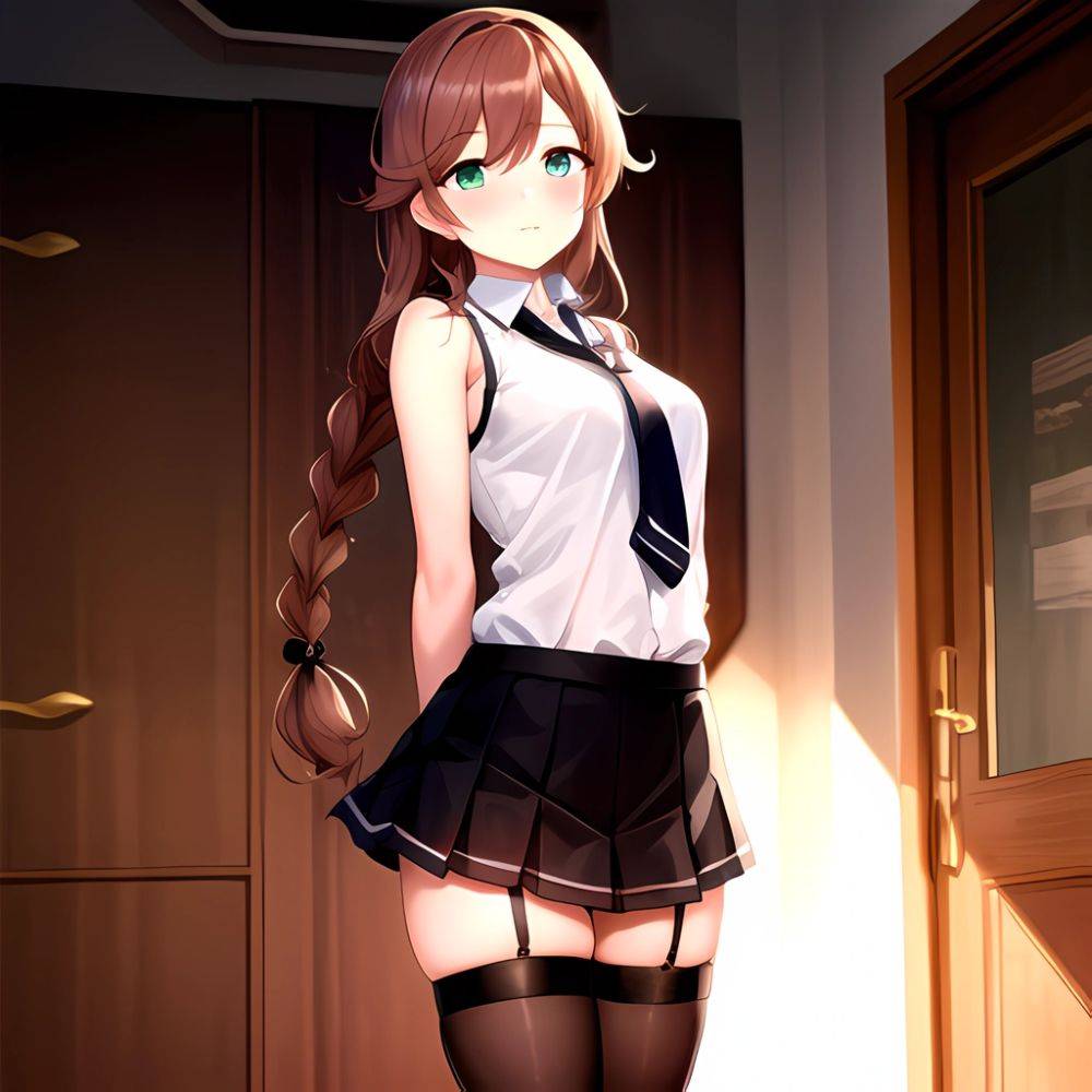 Noshiro Kancolle 1girl Anchor Symbol Asymmetrical Legwear Black Necktie Black Thighhighs Braid Brown Hair Garter Straps Green Ey, 1116564872 - AIHentai - #main