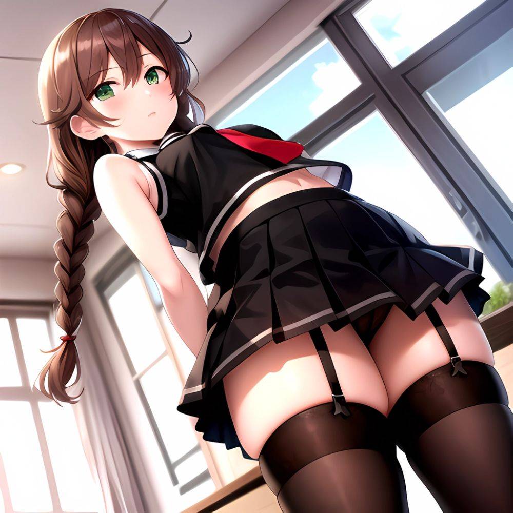 Noshiro Kancolle 1girl Anchor Symbol Asymmetrical Legwear Black Necktie Black Thighhighs Braid Brown Hair Garter Straps Green Ey, 1202209030 - AIHentai - #main