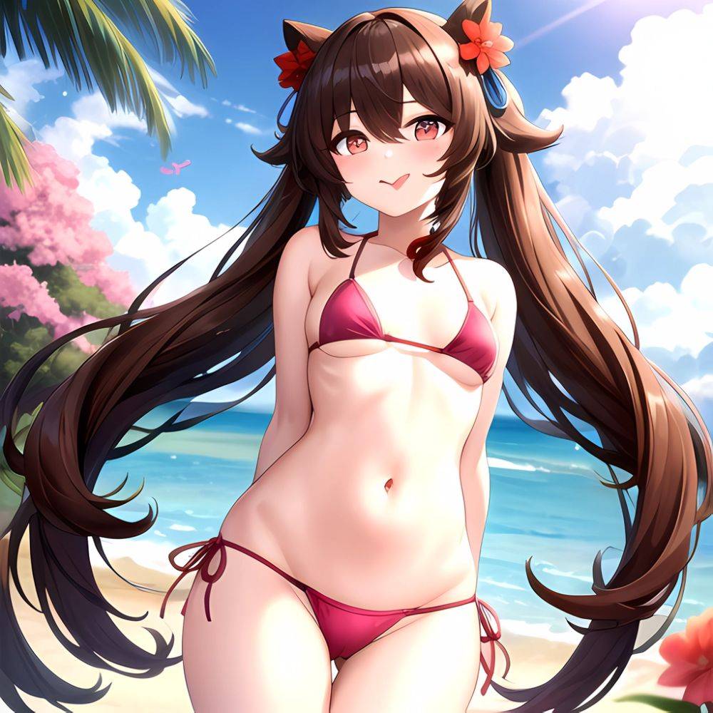 1girl Q Absurdres Arms Behind Back Bikini Blush Breasts Brown Hair Cameltoe Cleft Of Venus Covered Nipples Cowboy Shot Flower, 2159512004 - AIHentai - #main