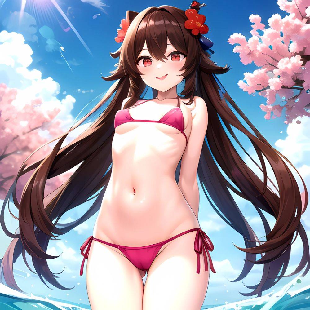 1girl Q Absurdres Arms Behind Back Bikini Blush Breasts Brown Hair Cameltoe Cleft Of Venus Covered Nipples Cowboy Shot Flower, 1645209910 - AIHentai - #main