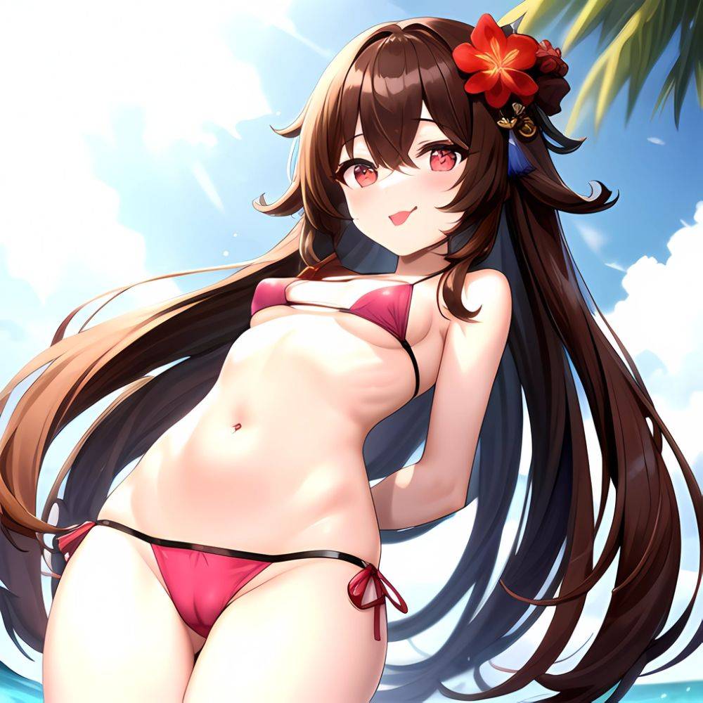 1girl Q Absurdres Arms Behind Back Bikini Blush Breasts Brown Hair Cameltoe Cleft Of Venus Covered Nipples Cowboy Shot Flower, 3024806557 - AIHentai - #main