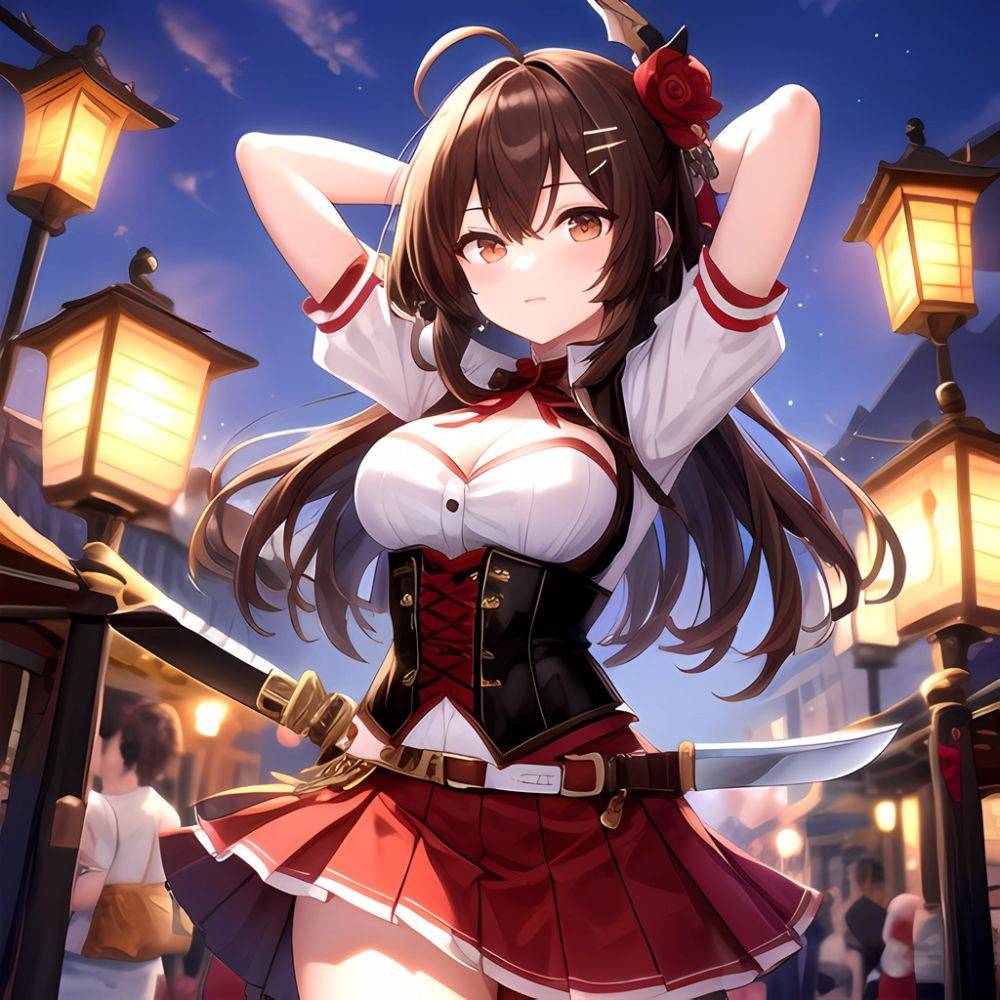 Nanashi Mumei Nanashi Mumei 1st Costume 1girl Ahoge Arms Behind Head Arms Up Belt Brown Corset Brown Eyes Brown Hair, 228032788 - AIHentai - #main