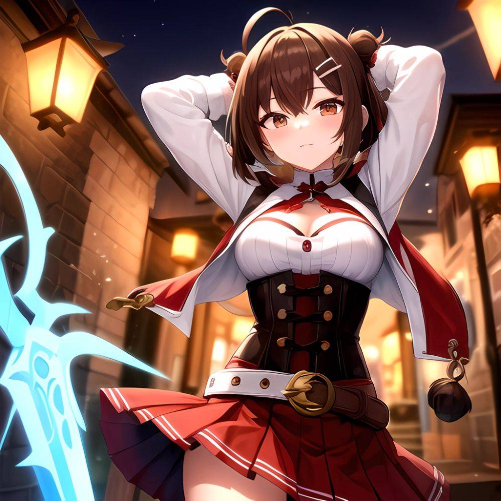 Nanashi Mumei Nanashi Mumei 1st Costume 1girl Ahoge Arms Behind Head Arms Up Belt Brown Corset Brown Eyes Brown Hair, 653736117 - AIHentai - #main