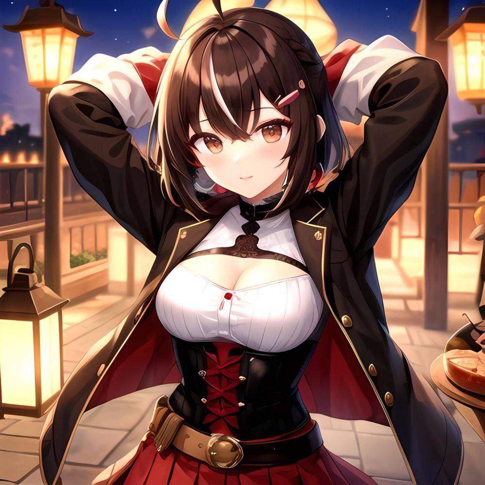 Nanashi Mumei Nanashi Mumei 1st Costume 1girl Ahoge Arms Behind Head Arms Up Belt Brown Corset Brown Eyes Brown Hair, 1179509572 - AIHentai - #main