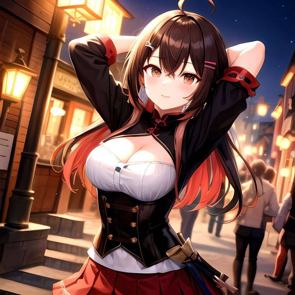 Nanashi Mumei Nanashi Mumei 1st Costume 1girl Ahoge Arms Behind Head Arms Up Belt Brown Corset Brown Eyes Brown Hair, 226446063 - AIHentai - #main
