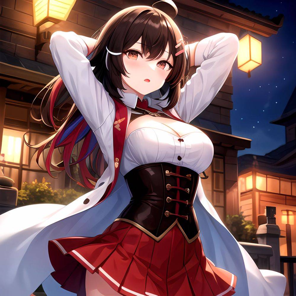 Nanashi Mumei Nanashi Mumei 1st Costume 1girl Ahoge Arms Behind Head Arms Up Belt Brown Corset Brown Eyes Brown Hair, 1111876106 - AIHentai - #main