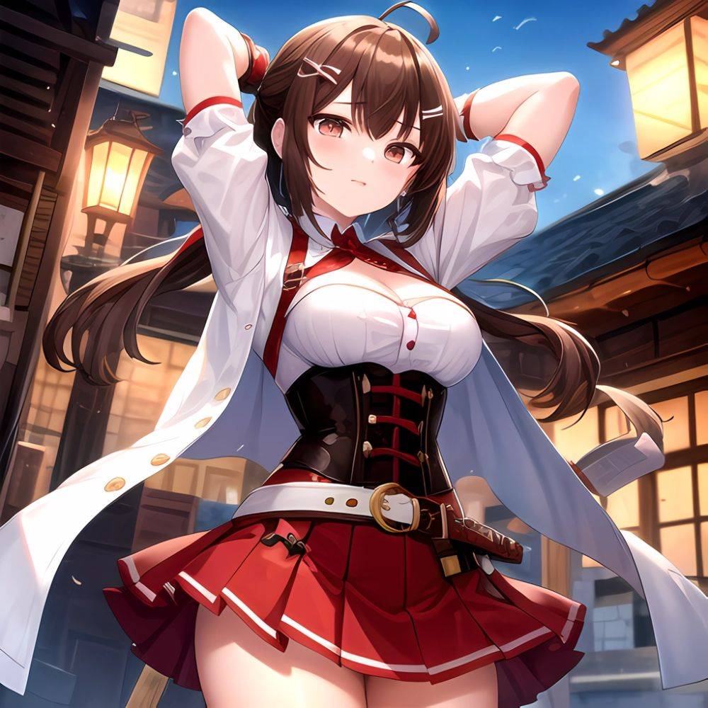 Nanashi Mumei Nanashi Mumei 1st Costume 1girl Ahoge Arms Behind Head Arms Up Belt Brown Corset Brown Eyes Brown Hair, 52209392 - AIHentai - #main