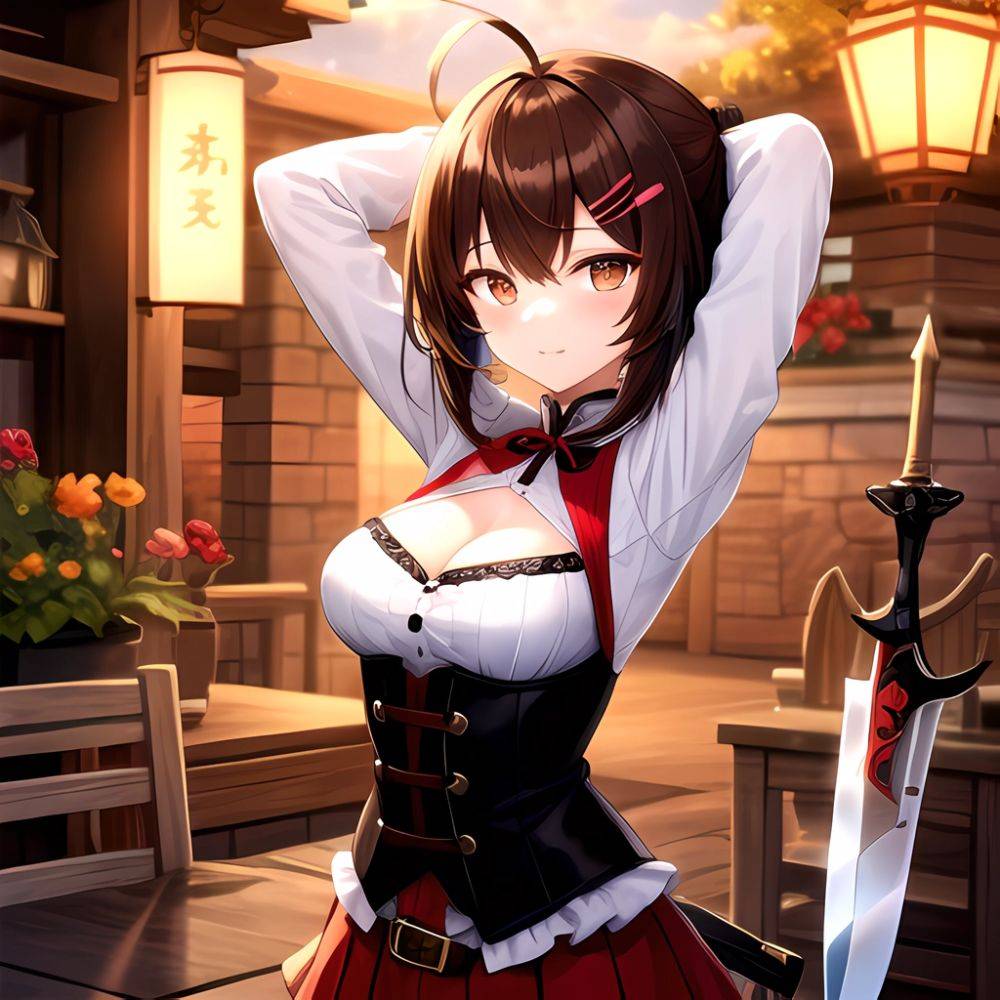 Nanashi Mumei Nanashi Mumei 1st Costume 1girl Ahoge Arms Behind Head Arms Up Belt Brown Corset Brown Eyes Brown Hair, 38617483 - AIHentai - #main