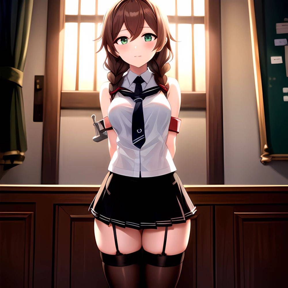 Noshiro Kancolle 1girl Anchor Symbol Asymmetrical Legwear Black Necktie Black Thighhighs Braid Brown Hair Garter Straps Green Ey, 2396185810 - AIHentai - #main