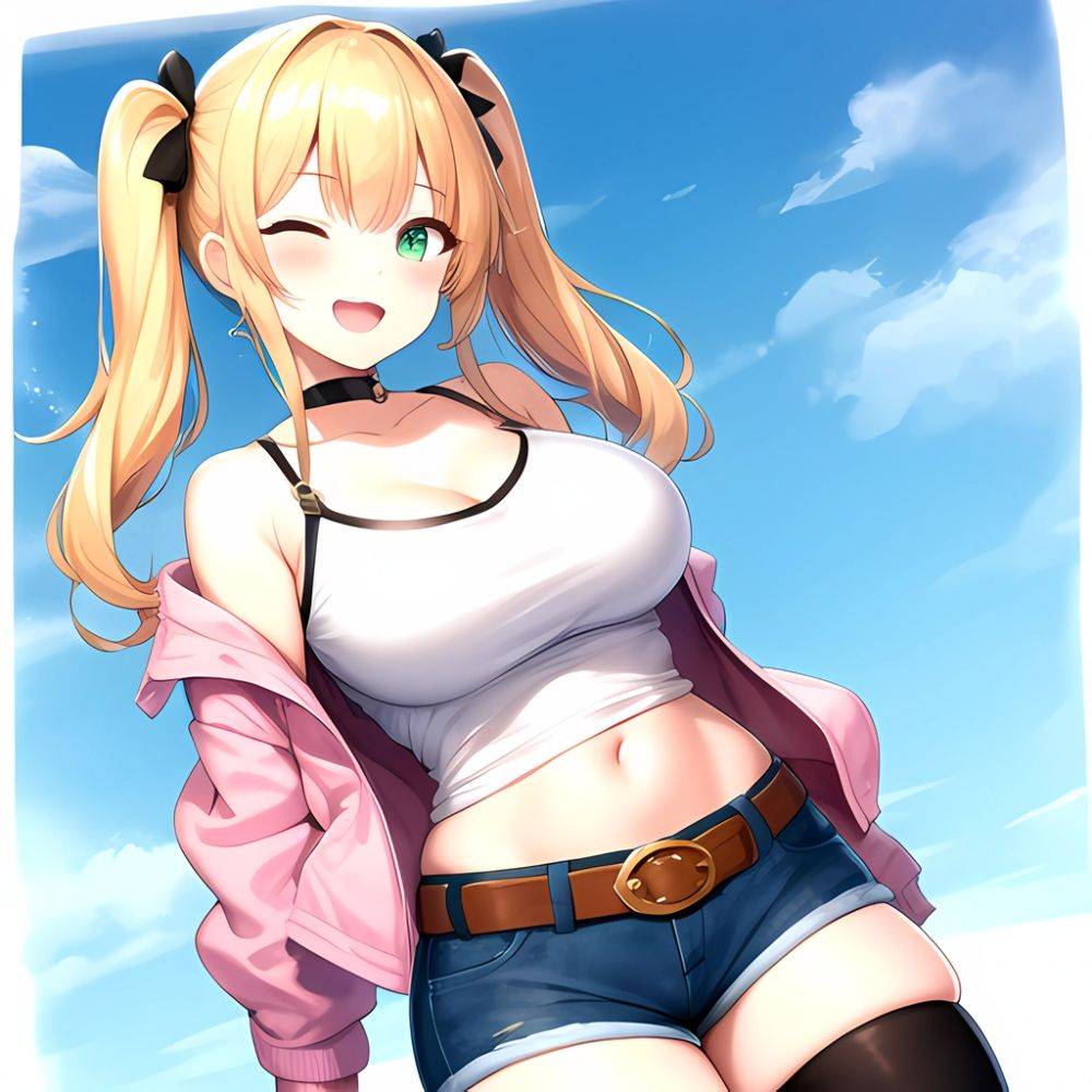 1girl D Bare Shoulders Belt Black Choker Black Thighhighs Blonde Hair Blue Shorts Blush Breasts Brown Belt Choker Cleavage Cowbo, 3673941735 - AIHentai - #main