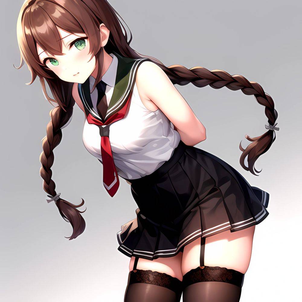 Noshiro Kancolle 1girl Anchor Symbol Asymmetrical Legwear Black Necktie Black Thighhighs Braid Brown Hair Garter Straps Green Ey, 2651493946 - AIHentai - #main