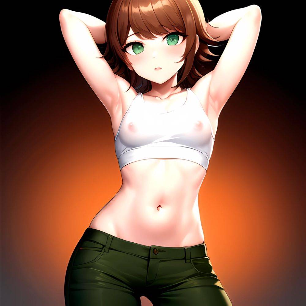 1boy Armpits Arms Behind Head Blush Breasts Brown Hair Bulge Collarbone Contrapposto Covered Nipples Crop Top Danganronpa Trigge, 735010011 - AIHentai - #main