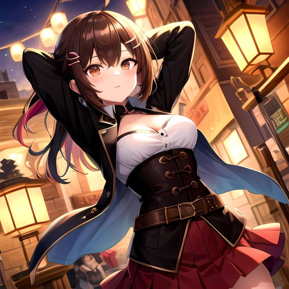 Nanashi Mumei Nanashi Mumei 1st Costume 1girl Ahoge Arms Behind Head Arms Up Belt Brown Corset Brown Eyes Brown Hair, 2921182540 - AIHentai - #main