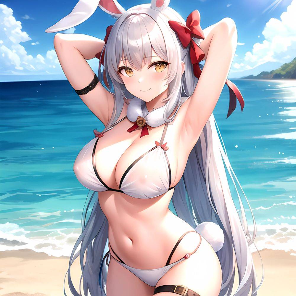 1girl Animal Ears Arms Behind Head Armpits Bare Shoulders Bikini White Bikini Blue Bow Bow Breasts Cleavage Closed Mouth Cowboy, 1866437401 - AIHentai - #main