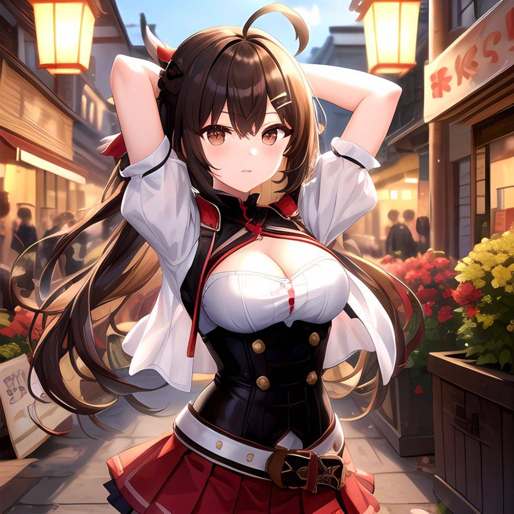 Nanashi Mumei Nanashi Mumei 1st Costume 1girl Ahoge Arms Behind Head Arms Up Belt Brown Corset Brown Eyes Brown Hair, 1839257005 - AIHentai - #main