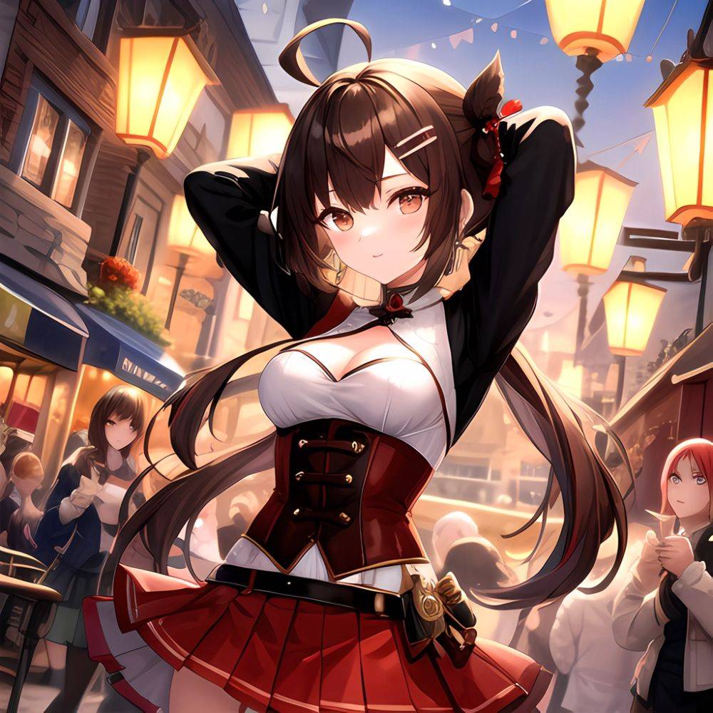 Nanashi Mumei Nanashi Mumei 1st Costume 1girl Ahoge Arms Behind Head Arms Up Belt Brown Corset Brown Eyes Brown Hair, 1941148853 - AIHentai - #main