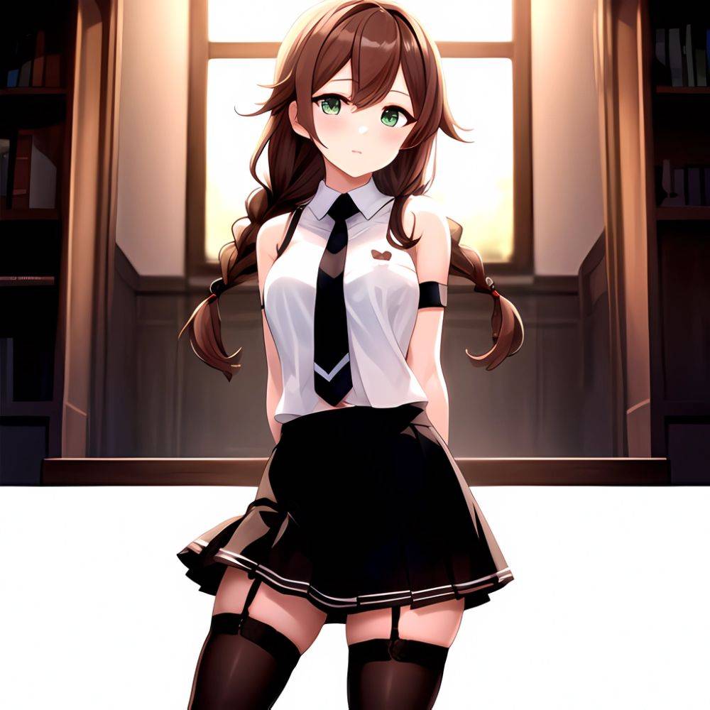 Noshiro Kancolle 1girl Anchor Symbol Asymmetrical Legwear Black Necktie Black Thighhighs Braid Brown Hair Garter Straps Green Ey, 1649680281 - AIHentai - #main