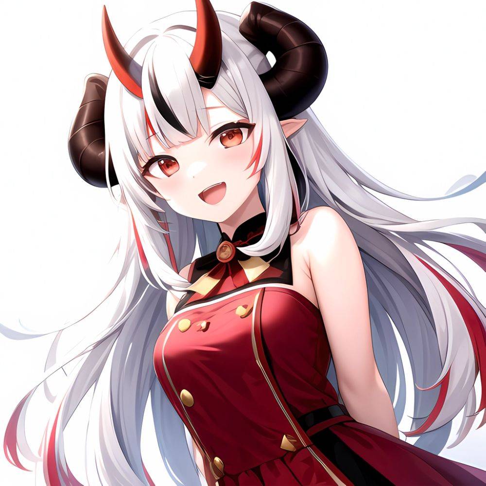 1girl Hololive Horns Long Hair Multicolored Hair Nakiri Ayame Open Mouth Smile Solo Streaked Hair Tonton Utaro White Hair Arms, 2585049711 - AIHentai - #main