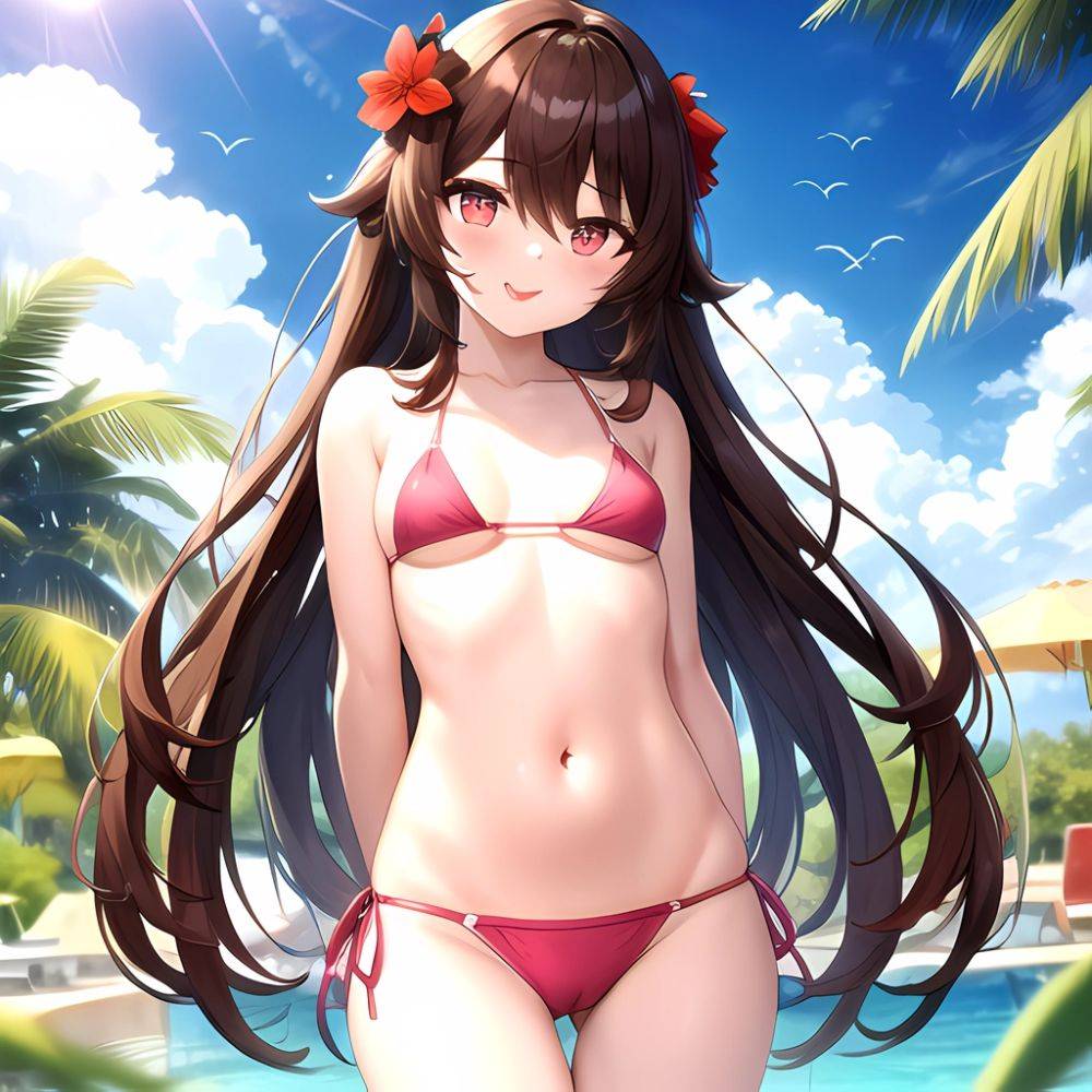 1girl Q Absurdres Arms Behind Back Bikini Blush Breasts Brown Hair Cameltoe Cleft Of Venus Covered Nipples Cowboy Shot Flower, 4050492830 - AIHentai - #main