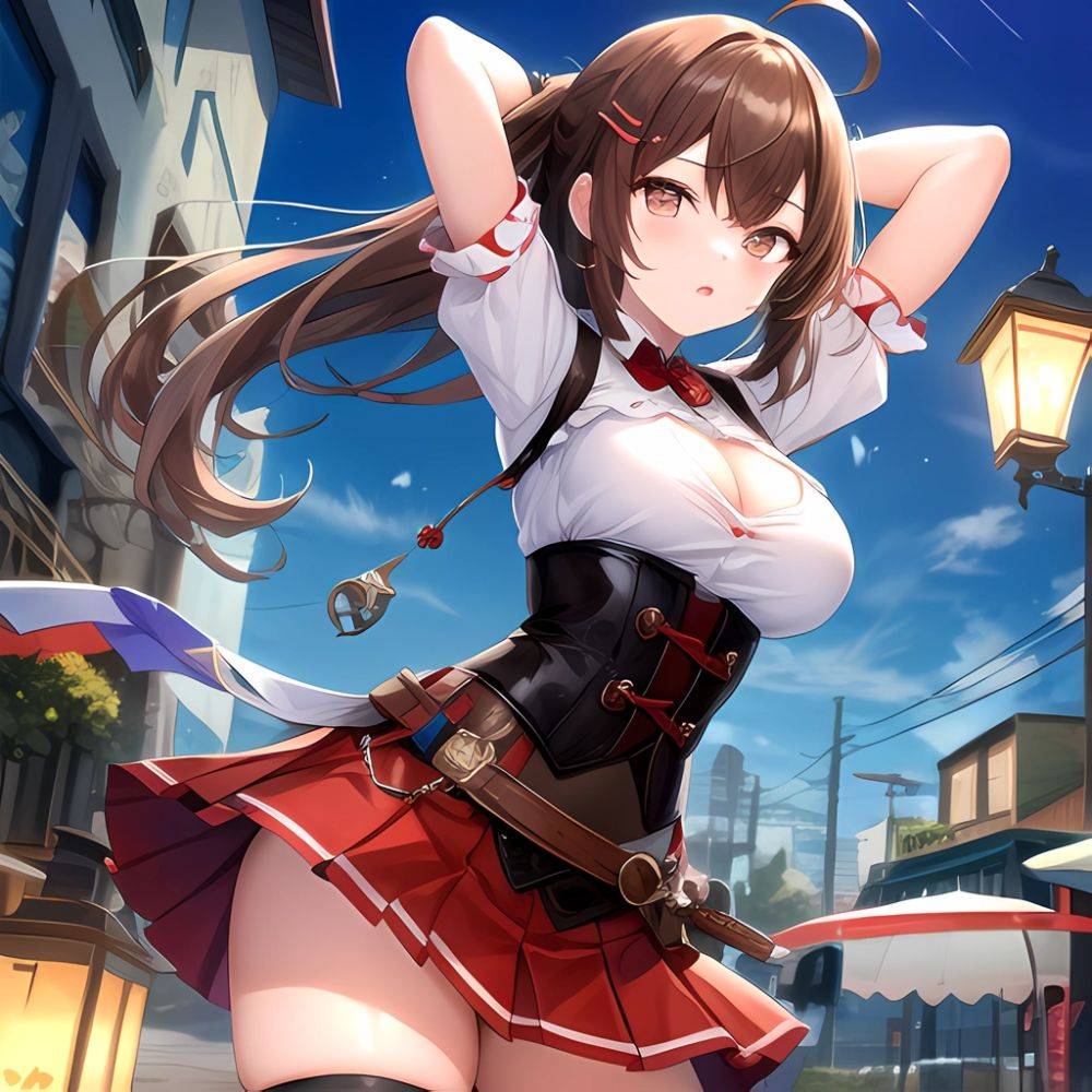 Nanashi Mumei Nanashi Mumei 1st Costume 1girl Ahoge Arms Behind Head Arms Up Belt Brown Corset Brown Eyes Brown Hair, 3588804536 - AIHentai - #main