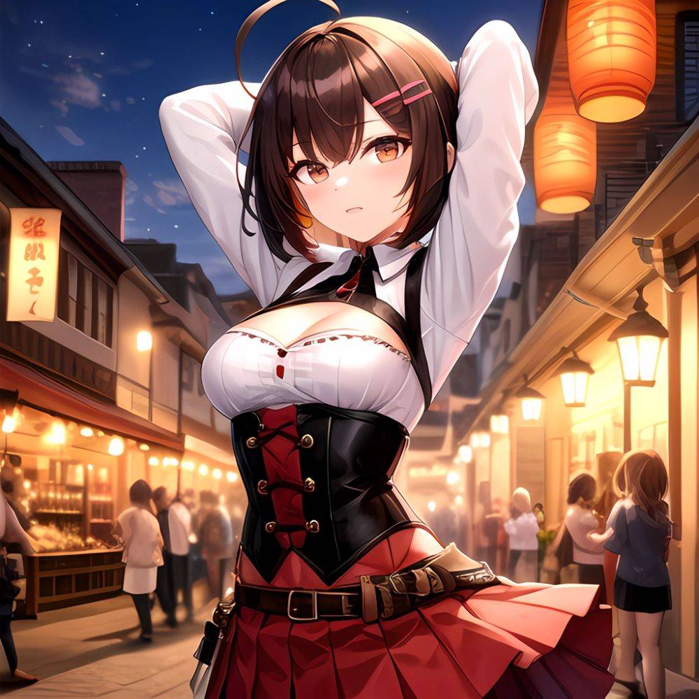 Nanashi Mumei Nanashi Mumei 1st Costume 1girl Ahoge Arms Behind Head Arms Up Belt Brown Corset Brown Eyes Brown Hair, 3840703989 - AIHentai - #main