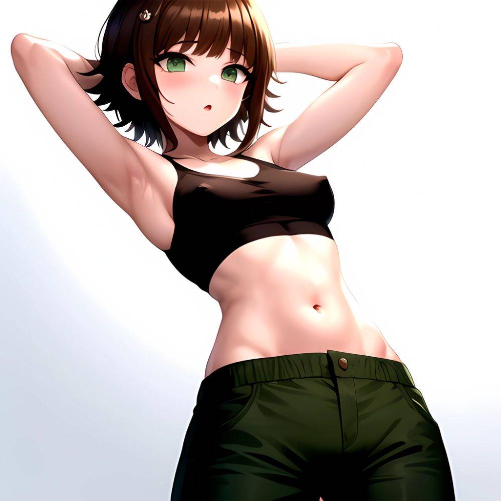 1boy Armpits Arms Behind Head Blush Breasts Brown Hair Bulge Collarbone Contrapposto Covered Nipples Crop Top Danganronpa Trigge, 3671669307 - AIHentai - #main