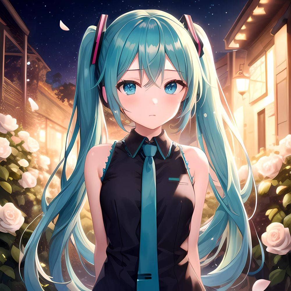 Face Focus Masterpiece Best Quality 1girl Hatsune Miku White Roses Petals Night Background Fireflies Light Particle Solo Aqua Ha, 3406604562 - AIHentai - #main