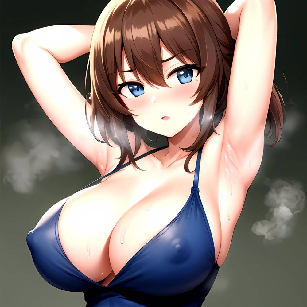 1girl Armpits Arms Behind Head Azumi Girls Und Panzer Blue Eyes Blush Breasts Brown Hair Cleavage Girls Und Panzer Iwanishi, 3199414530 - AIHentai - #main