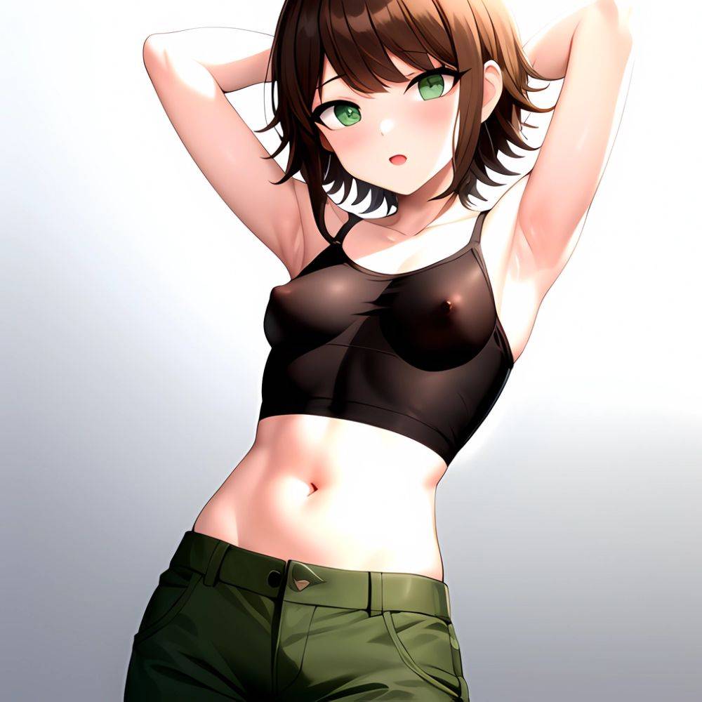 1boy Armpits Arms Behind Head Blush Breasts Brown Hair Bulge Collarbone Contrapposto Covered Nipples Crop Top Danganronpa Trigge, 735410969 - AIHentai - #main