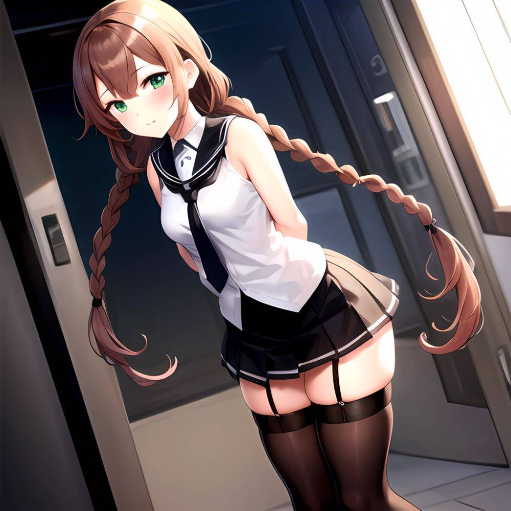 Noshiro Kancolle 1girl Anchor Symbol Asymmetrical Legwear Black Necktie Black Thighhighs Braid Brown Hair Garter Straps Green Ey, 1928410627 - AIHentai - #main